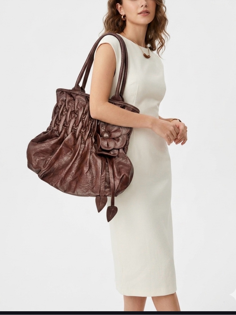 Vintage Curly Brown Genuine Leather Ruched Hobo Bag 3D Flower Detail Y2K
